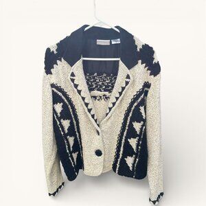 Coldwater Creek Geometric Knit Cotton Blazer w/Suede Leather Black & White Sz Sm